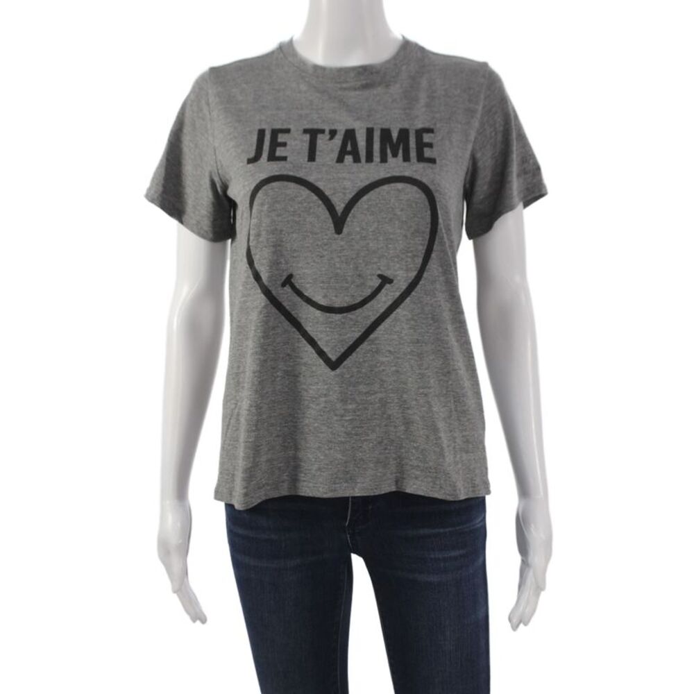 Cinq A Sept Womens Gray Heart Graphic Jersey T-Shirt Short Sleeve Neck Size S